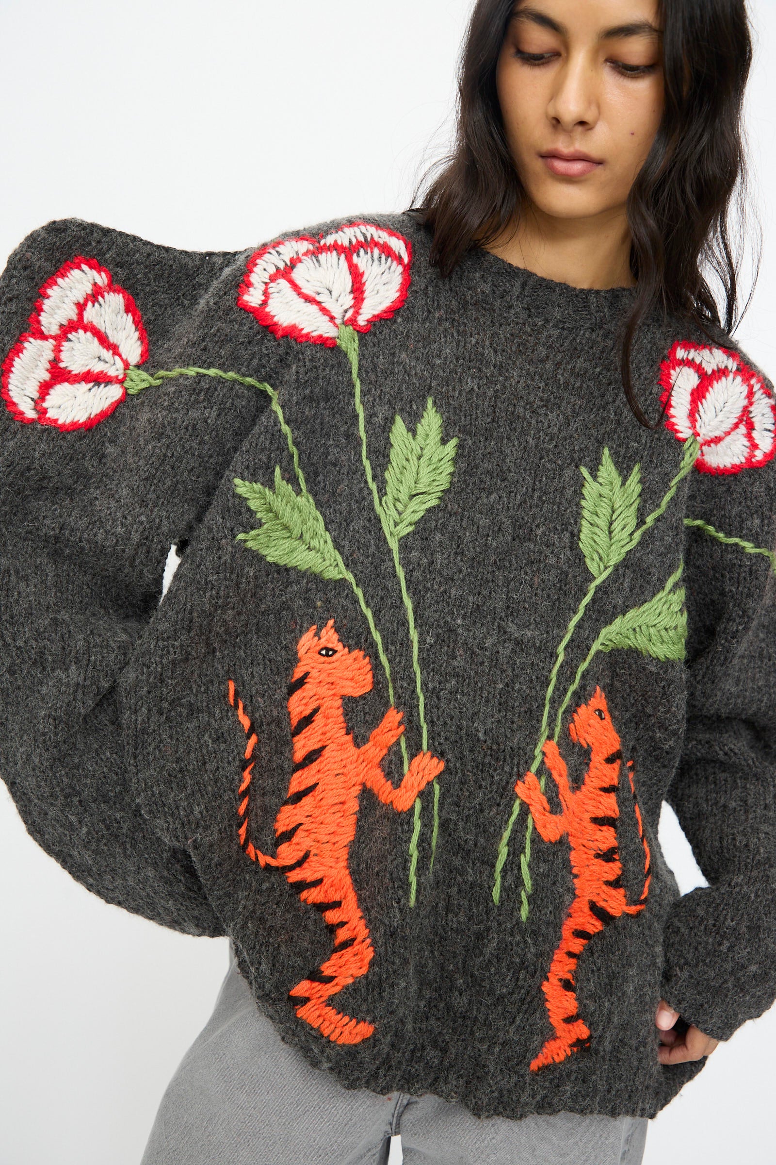 Sweater in Charcoal with Tigers and Flowers - Image 3