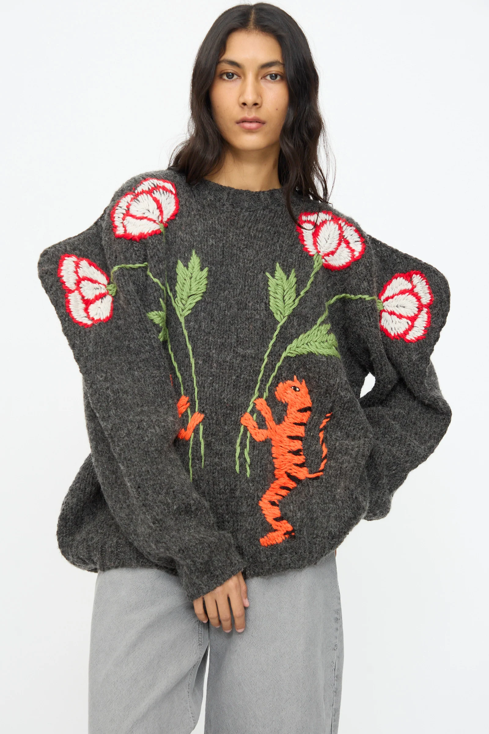 Sweater in Charcoal with Tigers and Flowers - Image 4
