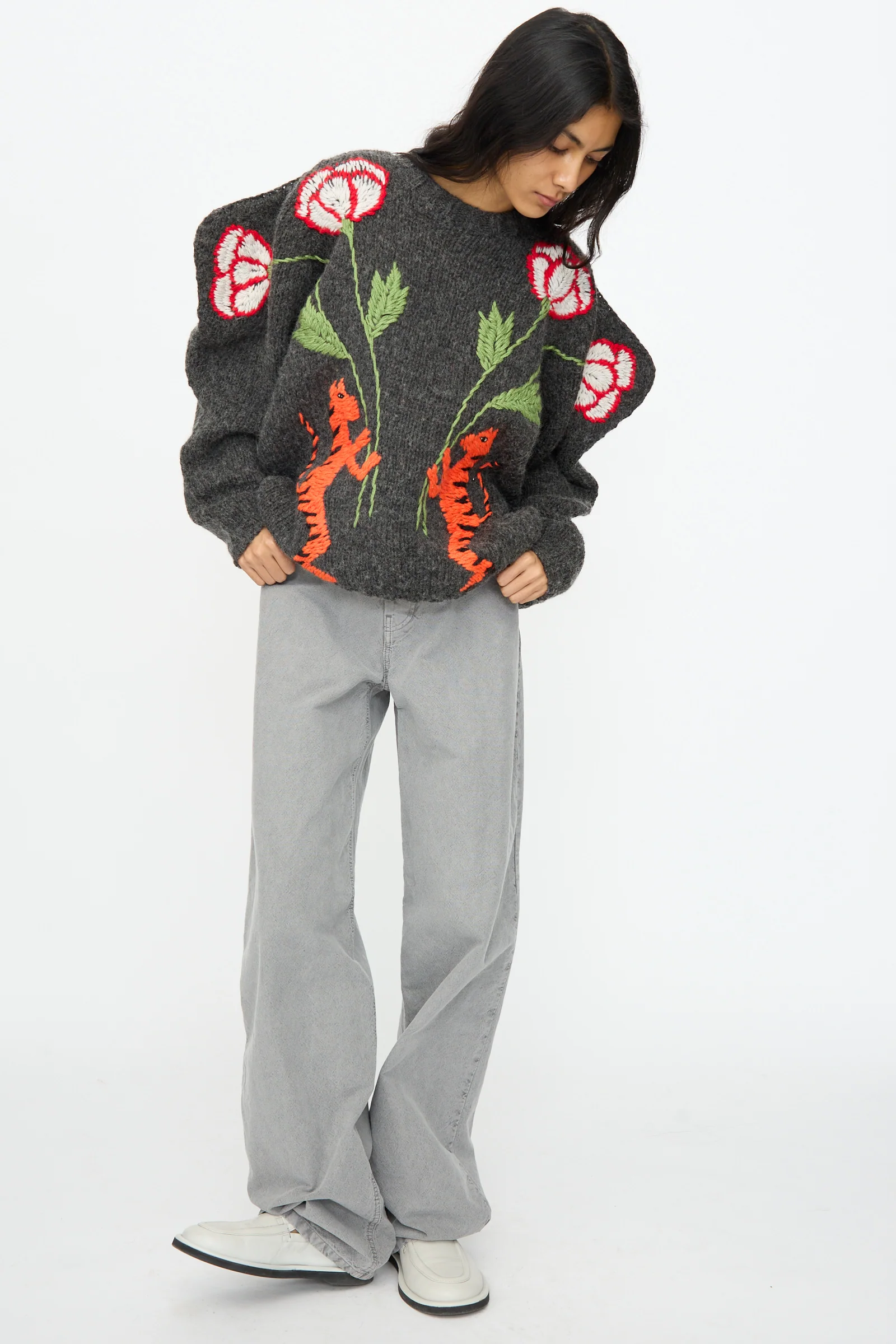 Sweater in Charcoal with Tigers and Flowers - Image 5