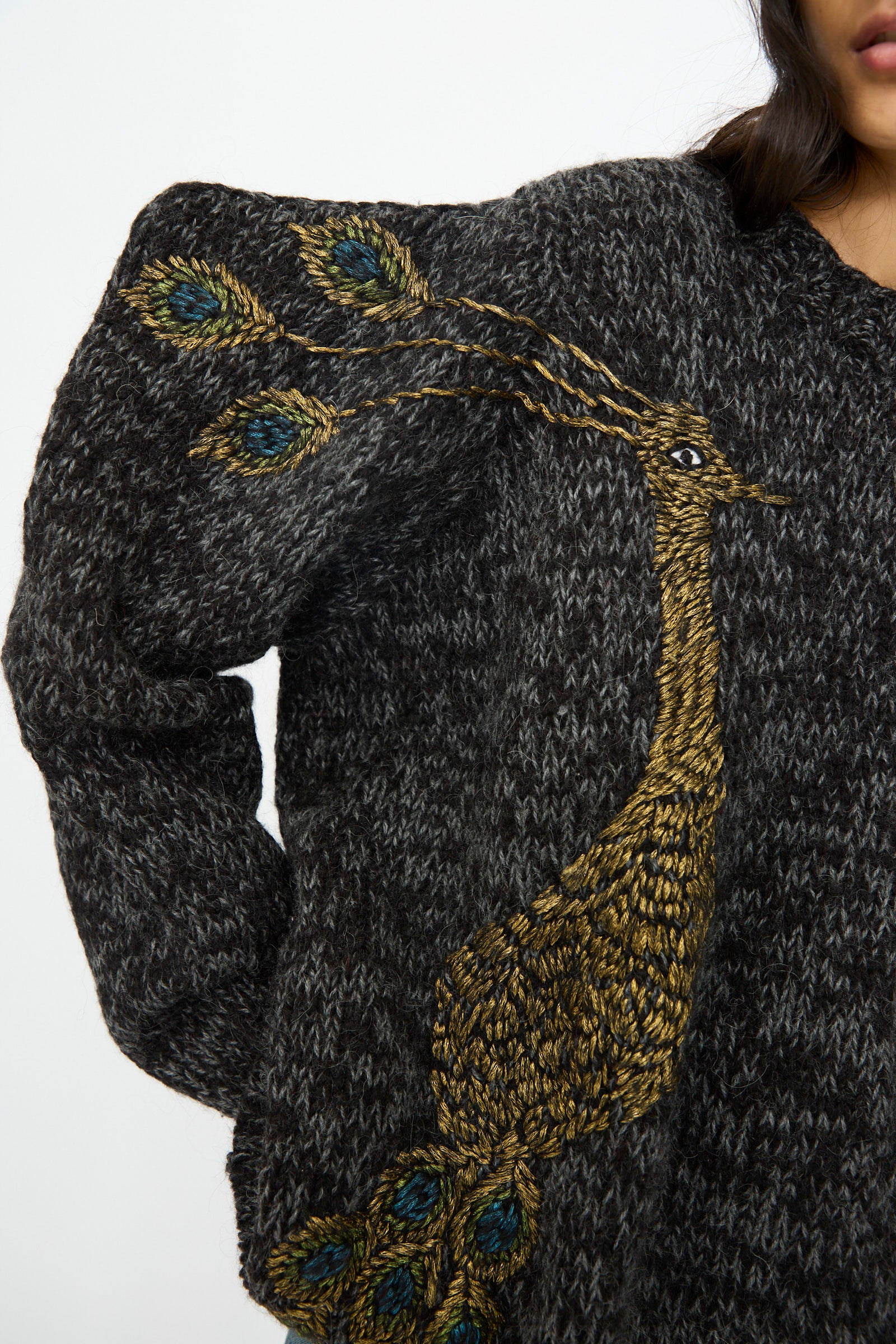 Sweater in Charcoal with Peacocks - Image 3