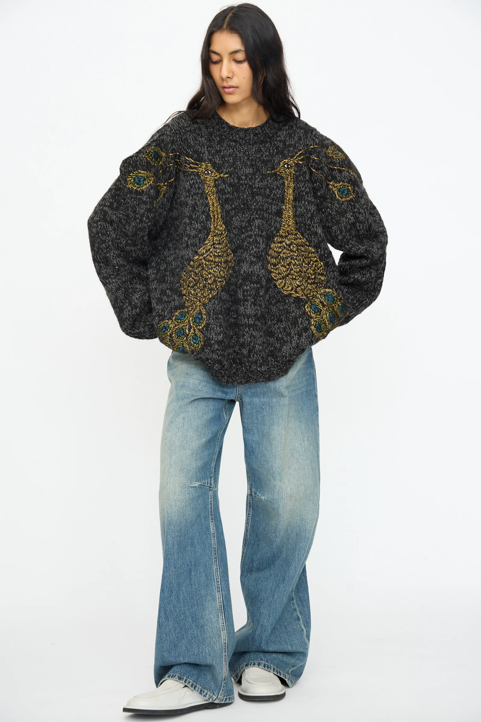 Sweater in Charcoal with Peacocks - Image 4