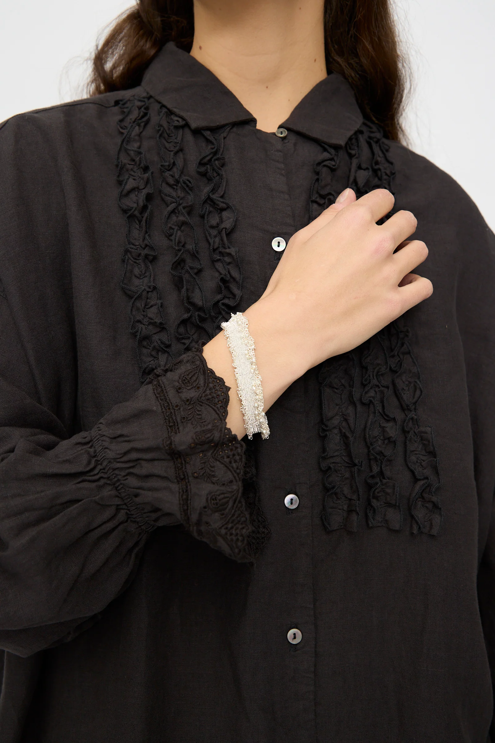Silver and Silk Woven Bracelet with Pearls - Image 4