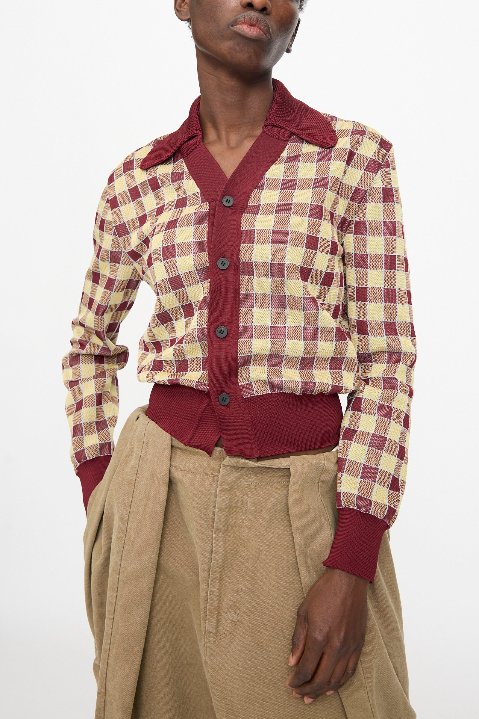 Check Knit Cardigan in Dark Red - Image 4