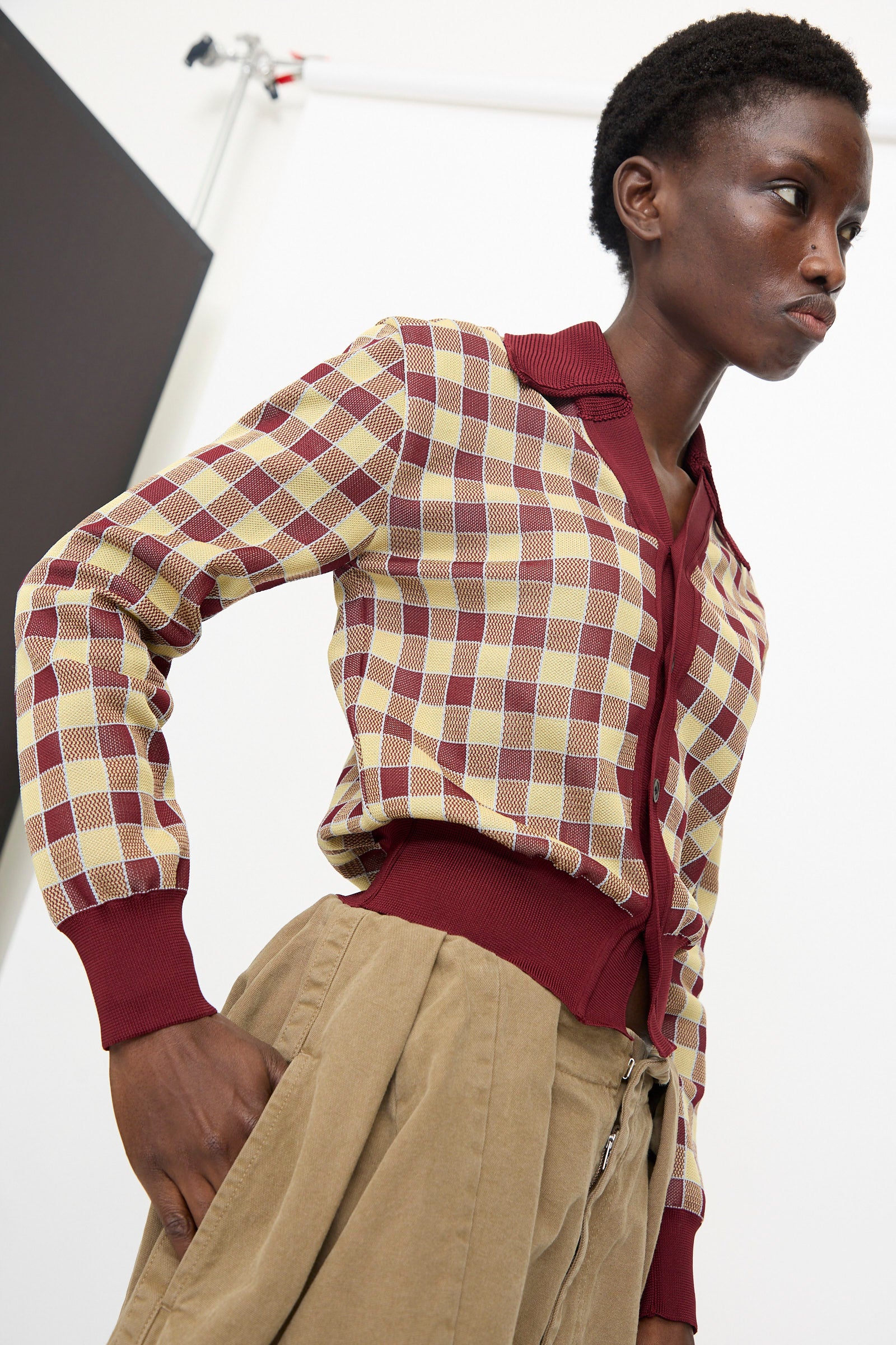Check Knit Cardigan in Dark Red - Image 5