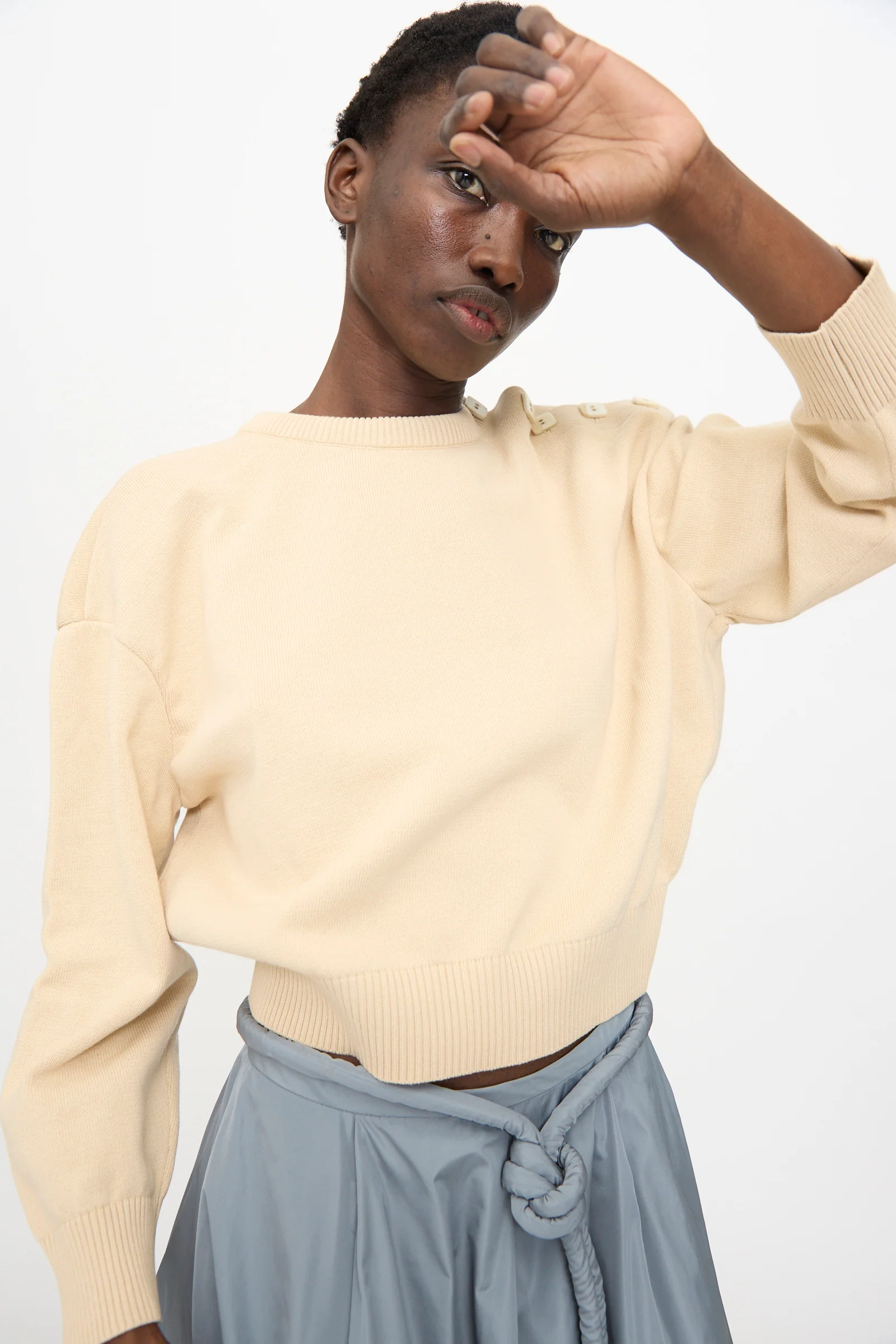 Button Shoulder Boxy Sweater in Cream - Image 4