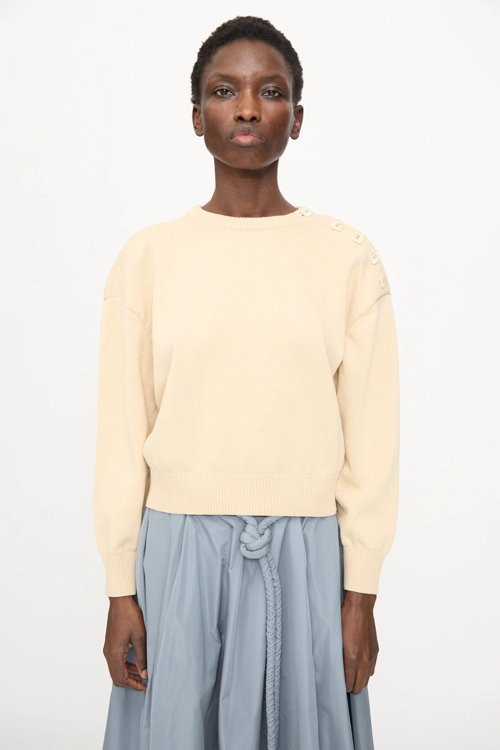 Button Shoulder Boxy Sweater in Cream - Image 5