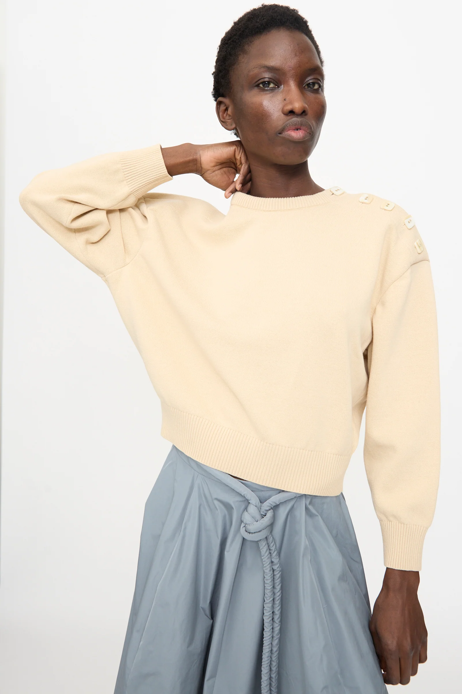 Button Shoulder Boxy Sweater in Cream - Image 6