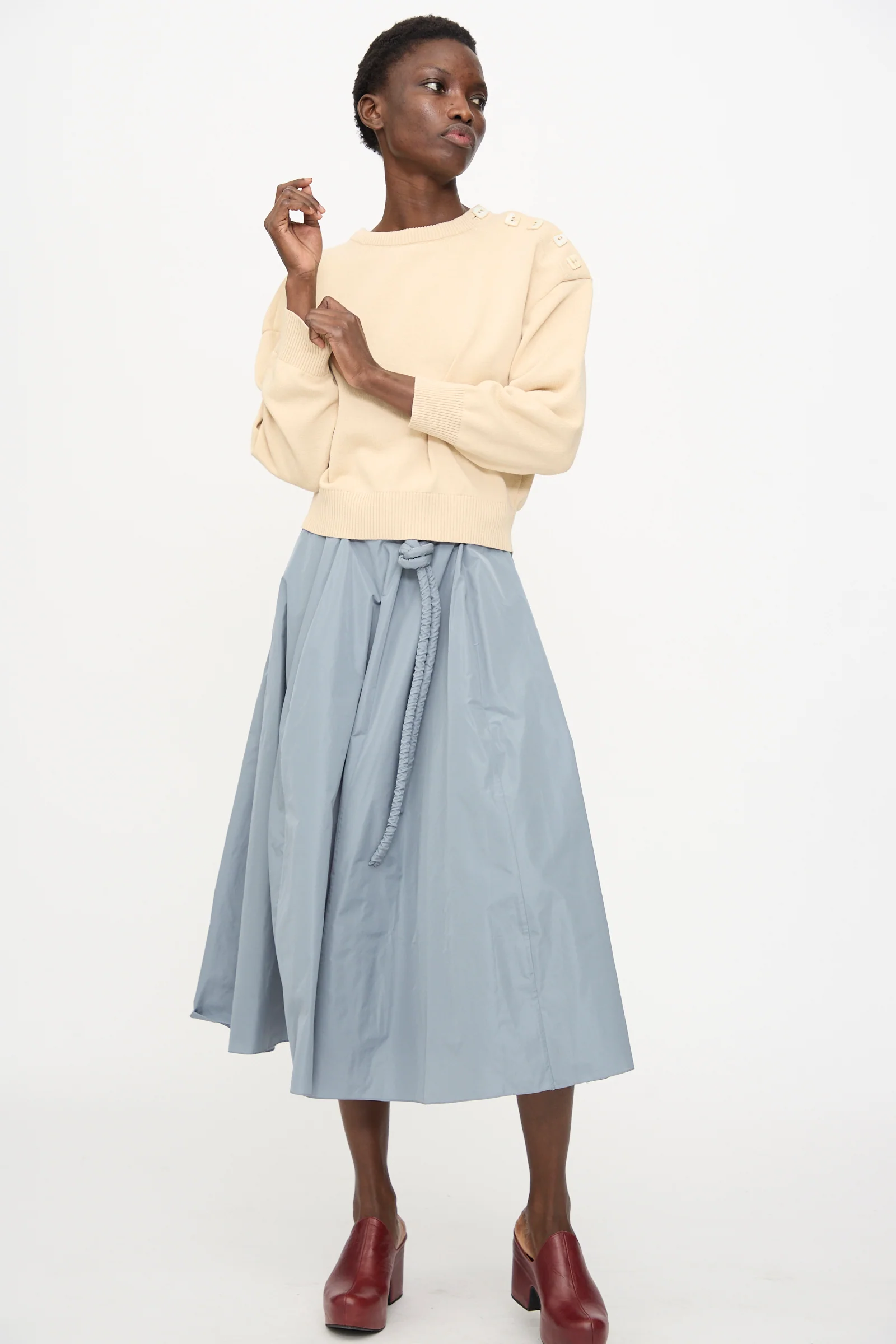 Button Shoulder Boxy Sweater in Cream - Image 7